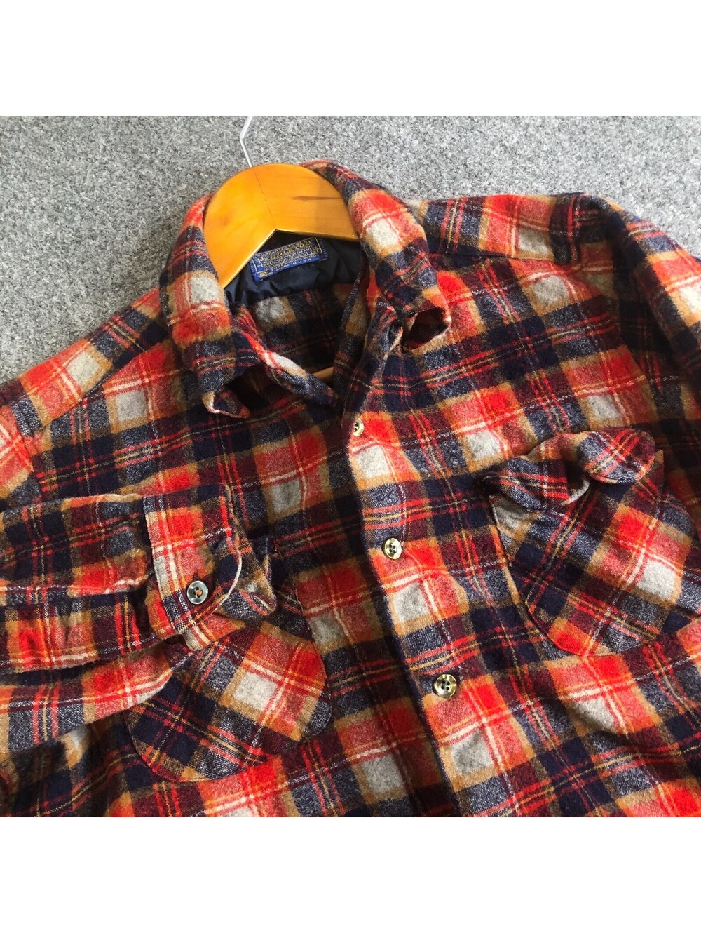 Vintage 1960s Pendleton Loop Collar Board Shirt Red Plaid Flannel Wool USA Large